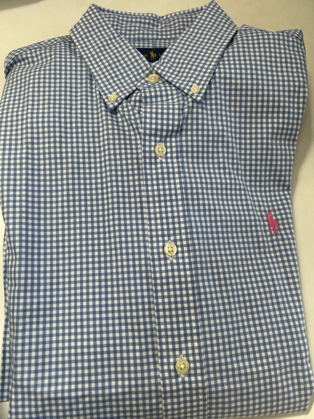 Ralph Lauren Blue and White Gingham Button-Down Shirt with Pink Pony